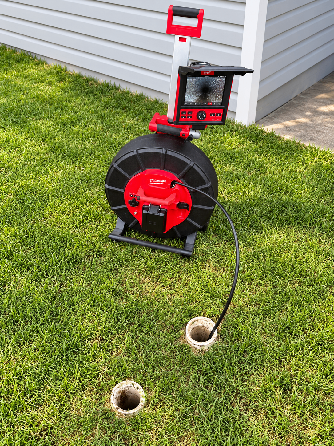 Milwaukee sewer camera fed into a PVC cleanout to locate and clear a drain blockage by United Plumbing.