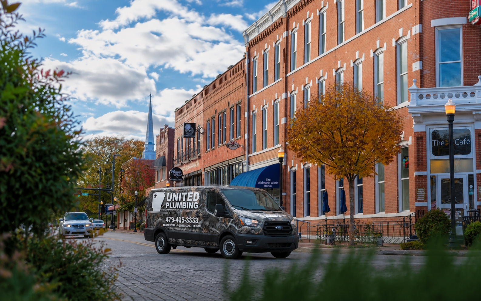 United Plumbing van parked on a historic downtown Northwest Arkansas street