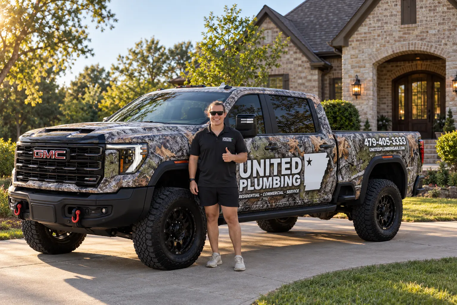 United Plumbing owner standing next to the camo-wrapped company truck